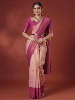 Akhilam - Peach Checks Saree with Unstitched Blouse