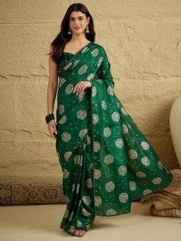 Akhilam - Green Floral Saree with Unstitched Blouse