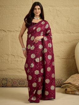 Akhilam - Wine Floral Saree with Unstitched Blouse