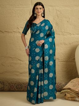 Akhilam - Teal Floral Saree with Unstitched Blouse