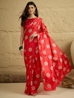 Akhilam - Red Floral Saree with Unstitched Blouse