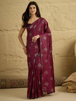 Akhilam - Wine Floral Saree with Unstitched Blouse