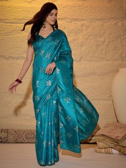 Akhilam - Teal Floral Saree with Unstitched Blouse