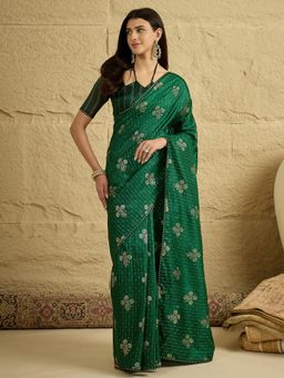 Akhilam - Green Floral Saree with Unstitched Blouse