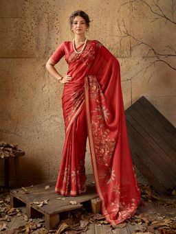 Sedora Couture - Maroon Floral Saree with Unstitched Blouse