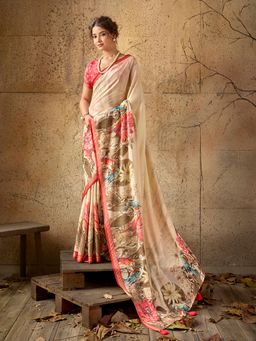 Sedora Couture - Beige Floral Saree with Unstitched Blouse