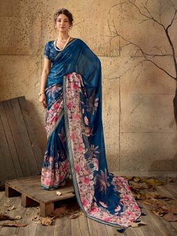 Sedora Couture - Blue Floral Saree with Unstitched Blouse