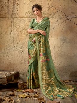Sedora Couture - Olive Floral Saree with Unstitched Blouse