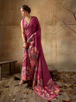 Sedora Couture - Wine Floral Saree with Unstitched Blouse
