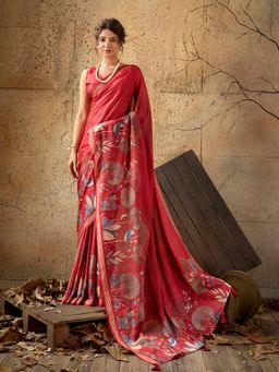 Sedora Couture - Red Floral Saree with Unstitched Blouse