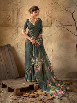 Sedora Couture - Green Floral Saree with Unstitched Blouse