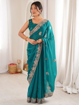 Akhilam - Teal Embellished/Sequined Saree with Unstitched Blouse