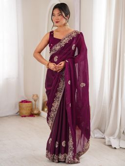 Akhilam - Wine Embellished/Sequined Saree with Unstitched Blouse