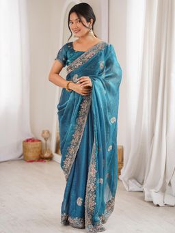 Akhilam - Teal Embellished/Sequined Saree with Unstitched Blouse