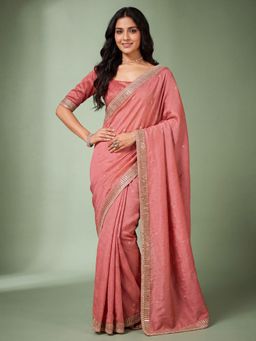 Akhilam - Rose Gold Embellished/Sequined Saree with Unstitched Blouse