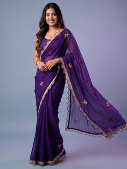 Akhilam - Purple Embroidered Saree with Unstitched Blouse
