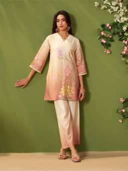 Autumnlane - Coral Floral V-Neck Kurti & Pant