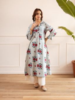 Autumnlane - Blue Printed Collar Neck Kurta & Palazzo