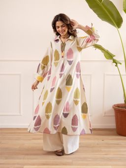 Autumnlane - White Printed Collar Neck Kurta & Palazzo