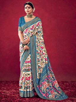 Akhilam - Cream Printed Saree with Unstitched Blouse