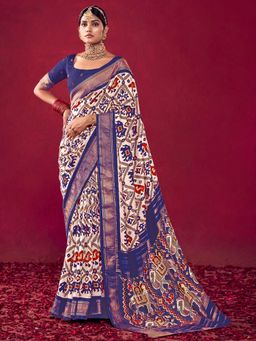 Akhilam - Blue Printed Saree with Unstitched Blouse