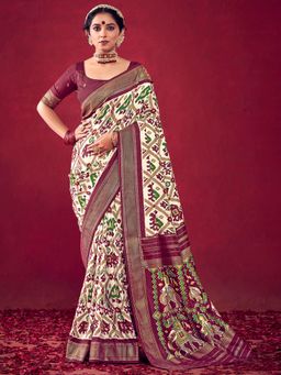 Akhilam - Wine Printed Saree with Unstitched Blouse