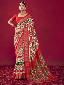 Akhilam - Red Printed Saree with Unstitched Blouse