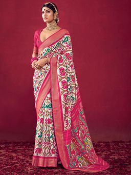 Akhilam - Pink Printed Saree with Unstitched Blouse