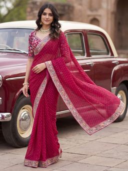 Akhilam - Pink Embroidered Saree with Unstitched Blouse