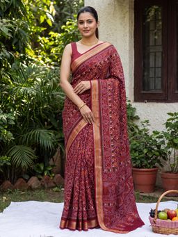 Akhilam - Maroon Printed Saree with Unstitched Blouse