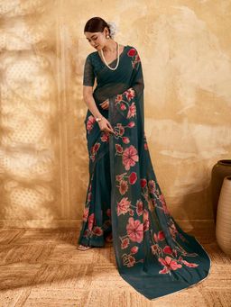 Sedora Couture - Green Floral Saree with Unstitched Blouse