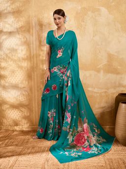 Sedora Couture - Teal Floral Saree with Unstitched Blouse