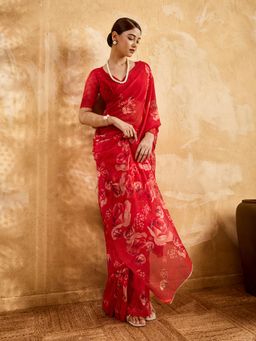 Sedora Couture - Red Floral Saree with Unstitched Blouse
