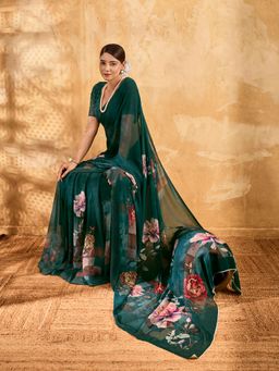 Sedora Couture - Green Floral Saree with Unstitched Blouse