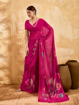 Sedora Couture - Pink Floral Saree with Unstitched Blouse