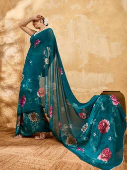 Sedora Couture - Teal Floral Saree with Unstitched Blouse