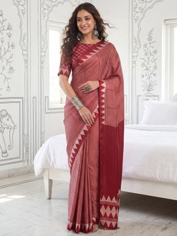 Akhilam - Maroon Stripes Saree with Unstitched Blouse