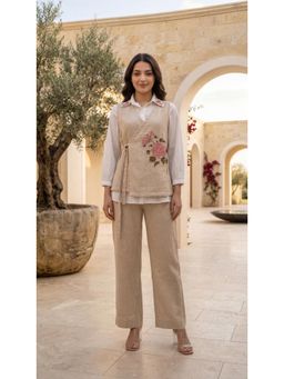Autumnlane - Beige Embroidered Collar Neck Shirt Pant with Jacket