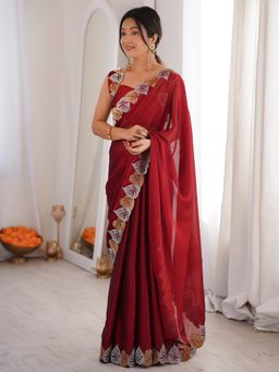 Akhilam - Maroon Embroidered Saree with Unstitched Blouse