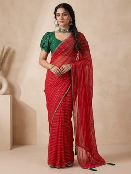 Akhilam - Red Stripes Saree with Unstitched Blouse