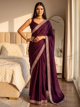 Akhilam - Wine Embroidered Saree with Unstitched Blouse