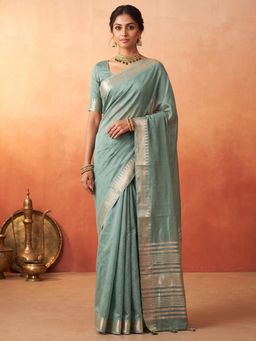 Akhilam - Turquoise Woven Saree with Unstitched Blouse