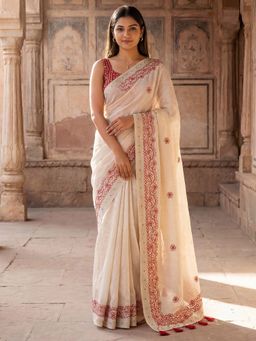Akhilam - Beige Woven Saree with Unstitched Blouse