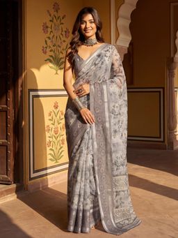 Akhilam - Grey Floral Saree with Unstitched Blouse