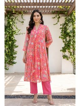 W - Pink Floral V-Neck Kurta