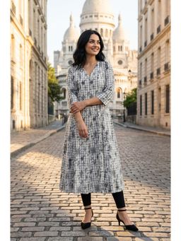 W - Grey Floral V-Neck Kurta