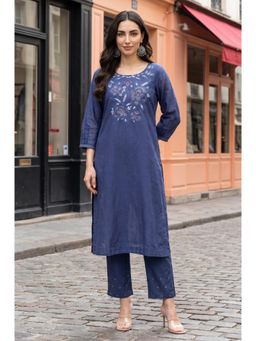 W - Blue Embroidered Round Neck Kurta