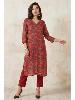 W - Red Floral V-Neck Kurta