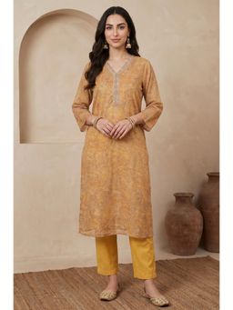 W - Mustard Paisley V-Neck Kurta