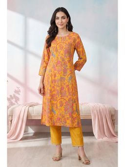 W - Yellow Floral Round Neck Kurta